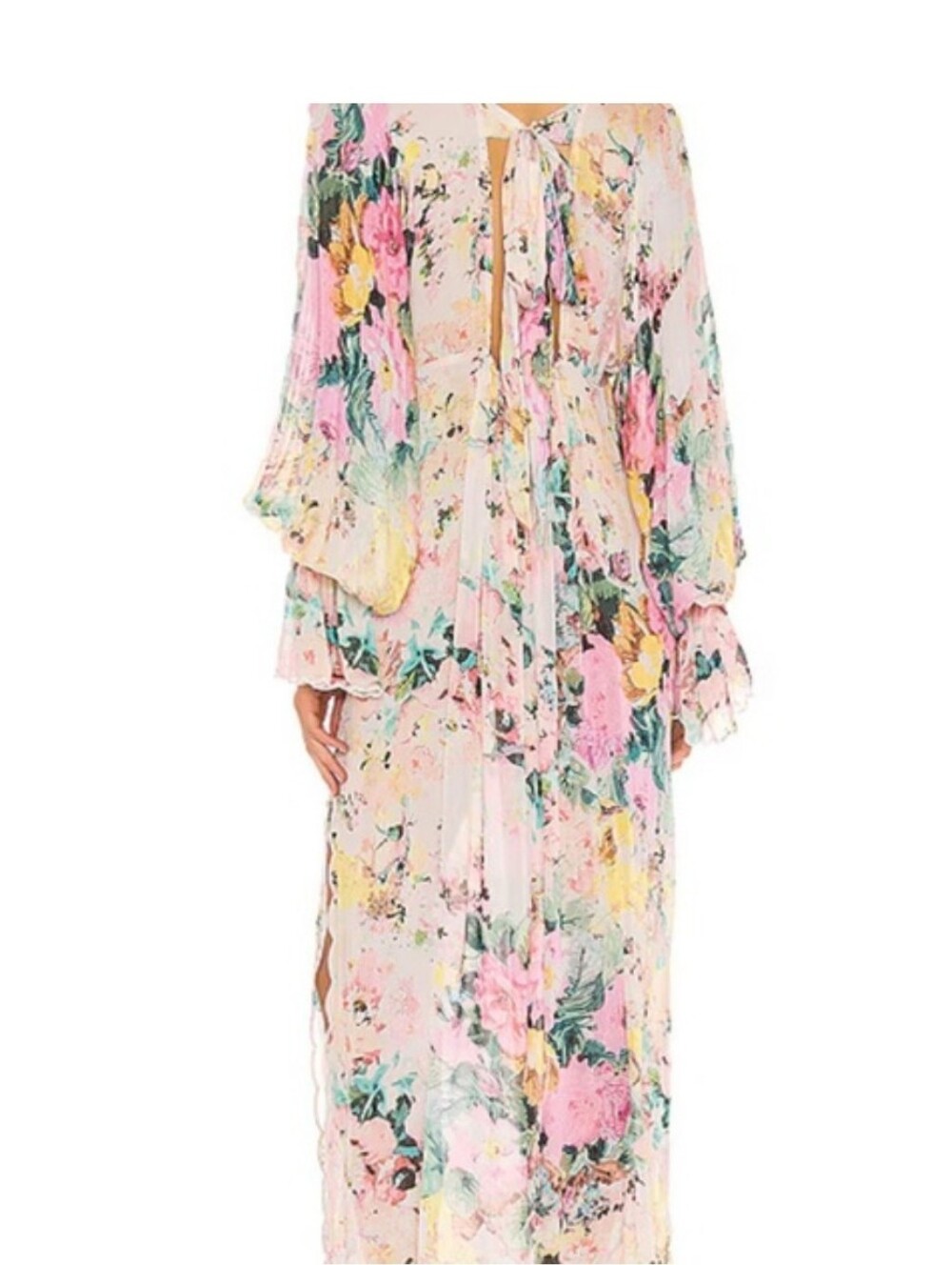 HEMANT & NANDITA Pastel Floral Sheer Maxi Dress in Pink, Blue, Yellow XS NWT - Picture 2 of 12